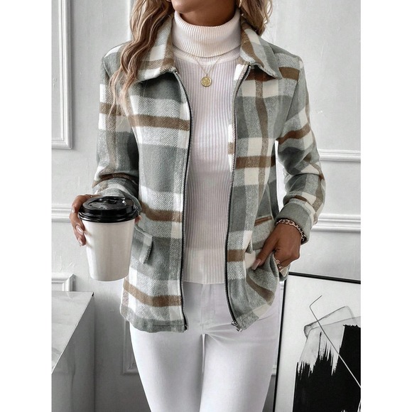gray tan Plaid Print Zip Up stand collar preppy - Picture 4 of 5